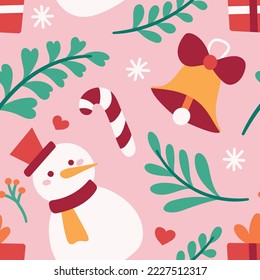 Vector decorative Christmas seamless pattern. Cute illustration with snowman, leaves, xmas elements for greeting cards, social media post, print design.