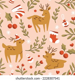 Vector decorative Christmas seamless pattern. Cute illustration with deer, leaves, xmas elements for greeting cards, social media post, print design.