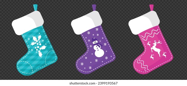 Vector Decorative Christmas Socks Set. Isolated on Transparent  background. Christmas and New Year  Hanging Decorative Stocking Socks Collection in Pink, Blue and Purple. Ornamental Socks Designs. 