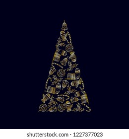 Vector decorative Christmas tree from golden Christmas symbols on dark background - candy cane, tree ball, mitten, sock, holly, christmas bell