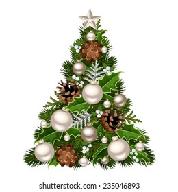 Vector decorative Christmas tree with silver balls, cones holly and mistletoe.