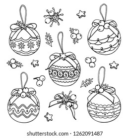 Vector decorative Christmas tree toys with stars and berries. Festive doodles on white background. 
