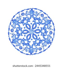 Vector decorative circular pattern blue and white design with frame or border. Baroque Vector mosaic. Traced watercolor.