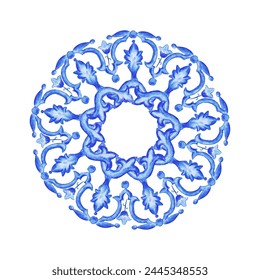 Vector decorative circular pattern blue and white design with frame or border. Baroque Vector mosaic. Traced watercolor.