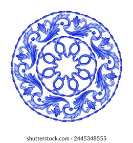 Vector decorative circular pattern blue and white design with frame or border. Baroque Vector mosaic. Traced watercolor.