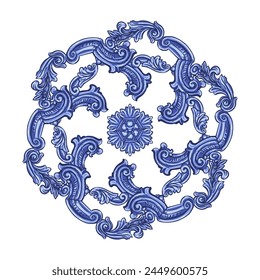 Vector decorative circular pattern blue and white design with frame or border. Baroque Vector mosaic. Traced watercolor.