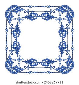 Vector decorative circular pattern blue and white design with frame or border. Baroque Vector mosaic. Traced watercolor.