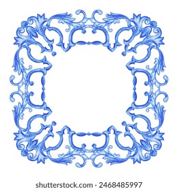 Vector decorative circular pattern blue and white design with frame or border. Baroque Vector mosaic. Traced watercolor.