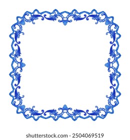 Vector decorative circular pattern blue and white design with frame or border. Baroque Vector mosaic. Traced watercolo