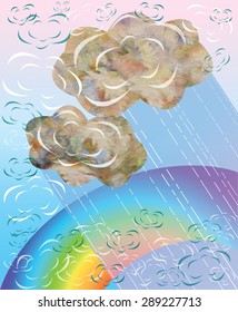 Vector decorative clouds with rain and rainbow