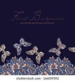 Vector decorative colored card with a seamless border of butterflies and paisley.