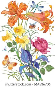 Vector decorative colorful composition of flowers and flying insects