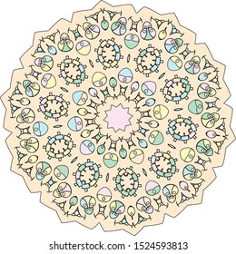 vector decorative colorful unicorn mandala art, a mix of geometrical shapes and repeated patterns, perfect for coloring book, pages, greeting card then henna tattoos. also used for yoga and meditation