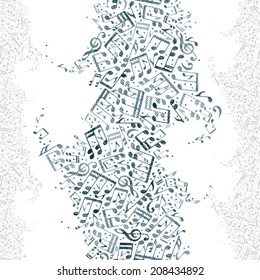 Vector decorative colorful vertical seamless tape, striped musical notes and treble clefs on white background.
