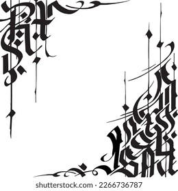 Vector decorative corners in gothic lettering style. Isolated on white black elements for design card, poster, invitation.