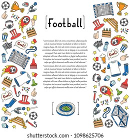 Vector decorative cover with hand drawn colored soccer symbols on white background. Illustration on the theme of football
