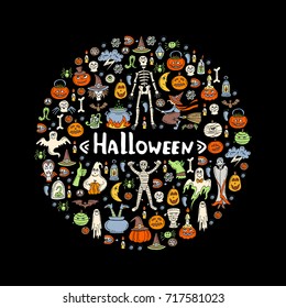 Vector decorative cover with hand drawn colored symbols of Halloween on black color. Vector background for use in design