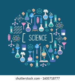 Vector decorative cover on the theme of chmistry, chemical laboratory, medicine, science on green background. Colorful  illustration with special equipment and chemical reactions