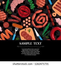 Vector decorative cover with sausage on black color. Illustration on the theme of food. Background for use in design
