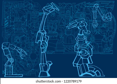 Vector decorative dark blue background with abstract robotic arms featuring technology or robot concept. Fantasy machines, or steampunk illustration with line art  sketch elements. 
Hand drawn.