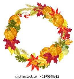 Vector decorative decor element for Harvest Season in a shape of a circle wreath with different floral elements