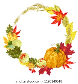 Vector decorative decor element for Harvest Season in a shape of a circle wreath with different floral elements