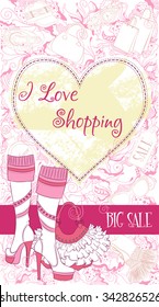 Vector decorative design card with female boots and bag, on floral background with fashion accessories. Vector design for greeting card, sale, boutique, fashion shop, accessory flayer, banner design