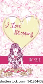 Vector decorative design card with girl in lotus position, floral background with fashion accessories. Vector design for greeting card, sale, boutique, fashion shop, accessorize flayer, banner design.
