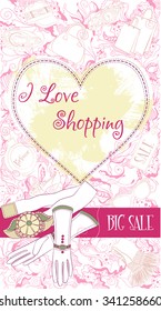 Vector decorative design card with gloves and belt, on floral background with fashion accessories. Vector design for greeting card, sale, boutique, fashion shop, accessorize flayer, banner design.