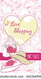 Vector decorative design card with handbag and hats, on floral background with fashion accessories. Vector design for greeting card, sale, boutique, fashion shop, accessorize flayer, banner design.
