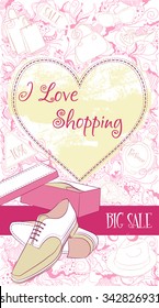 Vector decorative design card with men shoes, on floral background with fashion accessories. Vector design for greeting card, sale, boutique, fashion shop, accessory flayer, banner design