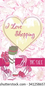 Vector decorative design card with women's shoes, on floral background with fashion accessories. Vector design for greeting card, sale, boutique, fashion shop, accessorize flayer, banner design.