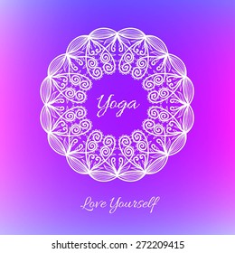 Vector decorative design element. Purple background with lettering "Love Yourself". Ornamental mandala. Abstract emblem.