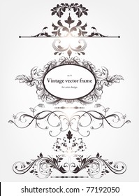 Vector decorative design elements: page decor, frames, borders, banners & floral ornaments. With retro frame.