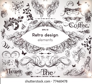 Vector decorative design elements: page decor, frames, banners & ornaments. Flower retro ornaments for vintage design.