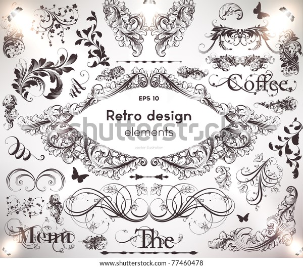 Vector decorative design elements: page decor,\
frames, banners & ornaments. Flower retro ornaments for\
vintage design.