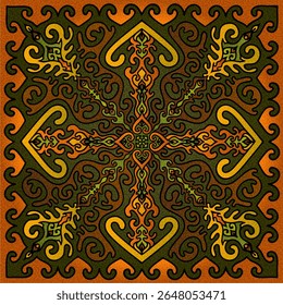 Design decorativo vetorial com simetria étnica e motivos nômades em tons verdes, laranja, marrom e amarelo, perfeito para tecidos como travesseiros ou lenços