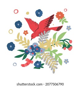 Vector decorative design of flowers, birds and leaves. Inspiration typography poster, card design, t-shirt print. Vector illustration.
