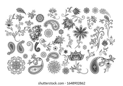 Vector decorative design Paisley, floral elements. Isolated floral design elements in ethnic Oriental style.