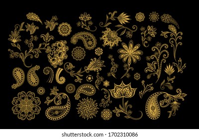 Vector decorative design Paisley, floral elements. Isolated floral design elements in ethnic Oriental style.