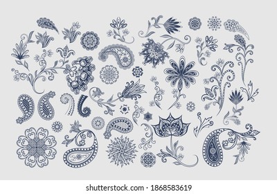 Diseño decorativo vectorial Paisley, elementos florales. Elementos de diseño floral aislados de estilo étnico oriental.