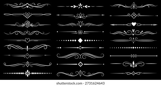Divisores decorativos de Vector, marcos ornamentales, dibujos de líneas elegantes, divisores vintage, acentos florales, Elementos gráficos, patrones de Vector negro. Elementos para su diseño