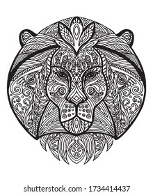 Vector decorative doodle ornamental head of lion. Abstract vector illustration of lion black contour isolated on white background. Stock illustration for coloring, design and tattoo. 