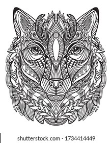 Vector decorative doodle ornamental head of wolf. Abstract vector illustration of wolf black contour isolated on white background. Stock illustration for coloring, design and tattoo. 