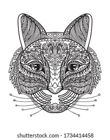 Vector decorative doodle ornamental head of cat. Abstract vector illustration of cat black contour isolated on white background. Stock illustration for coloring, design and tattoo. 