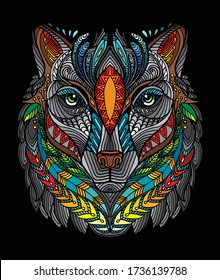 Vector decorative doodle ornamental head of wolf. Abstract vector colorful illustration of wolf head isolated on black background. Stock illustration for print, design and tattoo.  svg