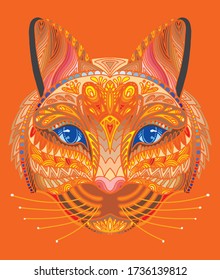 Vector decorative doodle ornamental head of cat. Abstract vector colorful illustration of cat head isolated on orange background. Stock illustration for print, design and tattoo. 