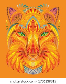 Doodle decorativo vectorial de la cabeza ornamental del zorro. Resumen vectorial colorida ilustración de la cabeza de zorro aislada en el fondo naranja. Ilustración de material para impresión, diseño y tatuaje. 