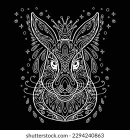 Vector decorative doodle ornamental head of rabbit. Abstract vector illustration of rabbit white contour isolated on black background. Stock illustration for coloring, design, tattoo, puzzle