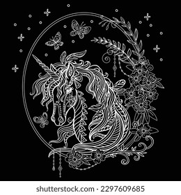 Vector decorative doodle ornamental head of unicorn with flowers. Magic abstract vector illustration white contour isolated on black background. For adult coloring, design and tattoo, t shirt design